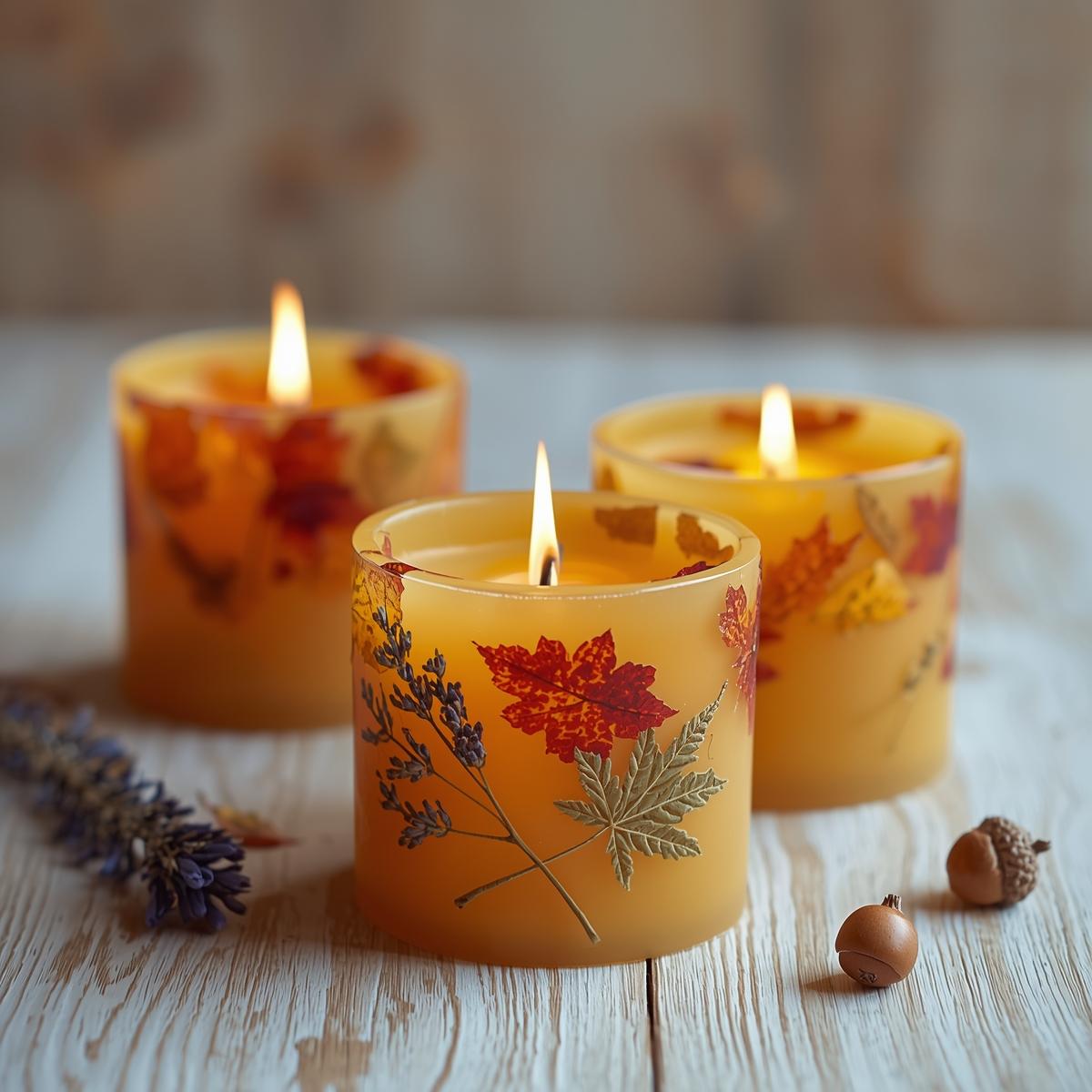 Handmade beeswax candles with autumn botanicals